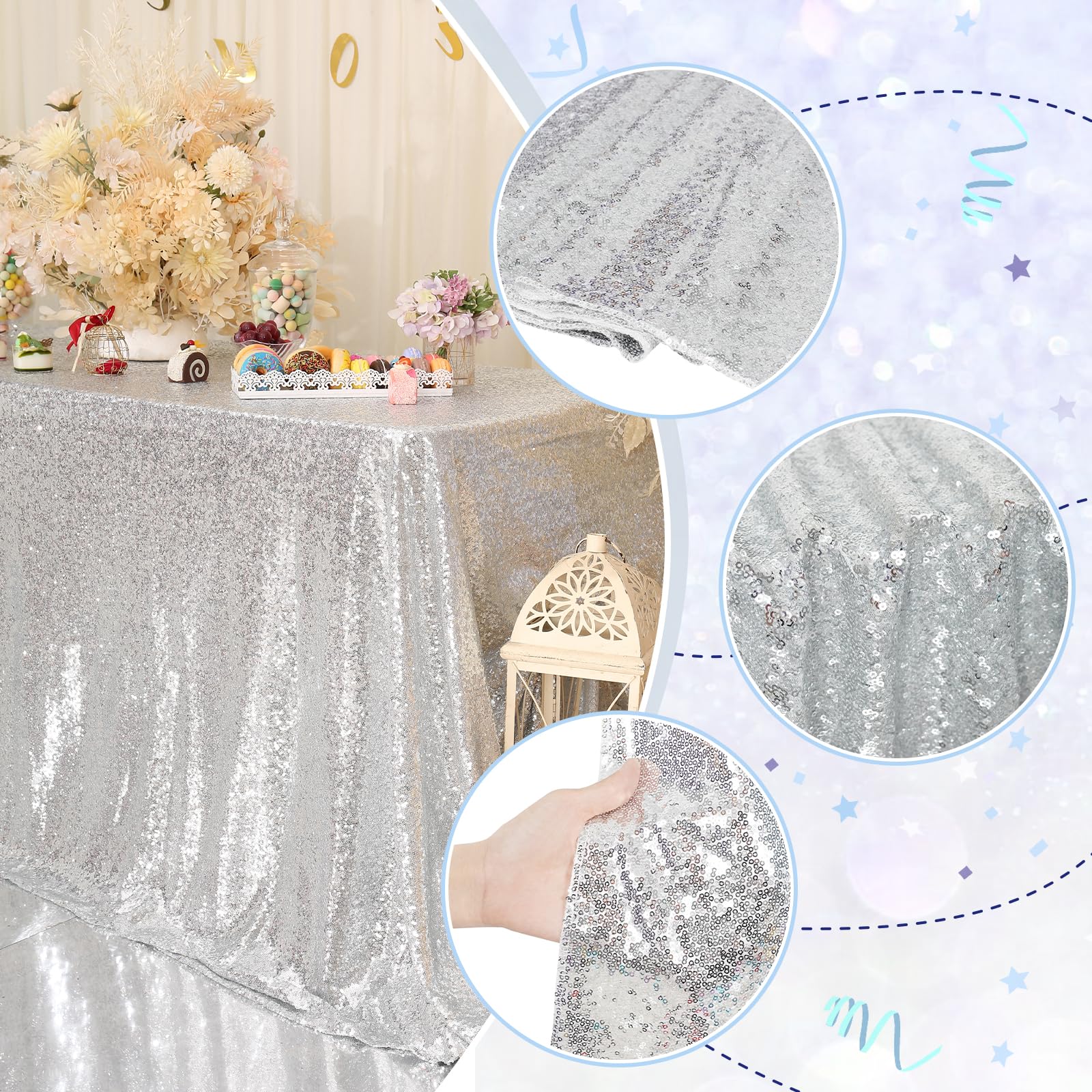 Partydelight Sequin Tablecloth, Wedding, Sweetheart, Christmas Tree, Rectangular, 48''X72'', Silver